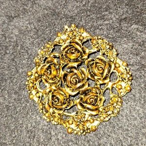 Antique Vintage Large Gold-tone 3D Rose Bouquet Statement Brooch Cast Flowers